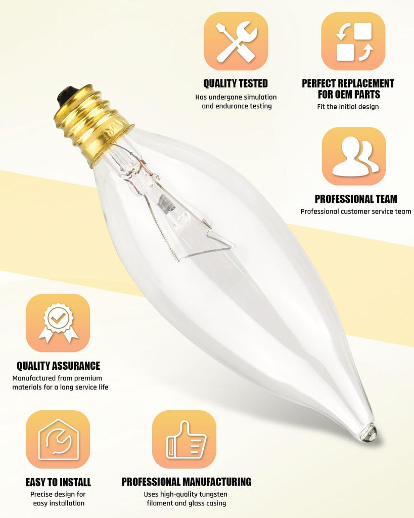 Universal Crystal Clear Incandescent Light Bulb, E12 40W 120V 2500K Light Bulb Replacement, CA10 Candelabra Candle