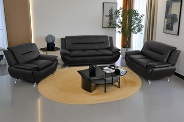 Modern Faux Leather Living Room Furniture Set - 6-Seat Sectional Sofa with Loveset and Chair (Black)
