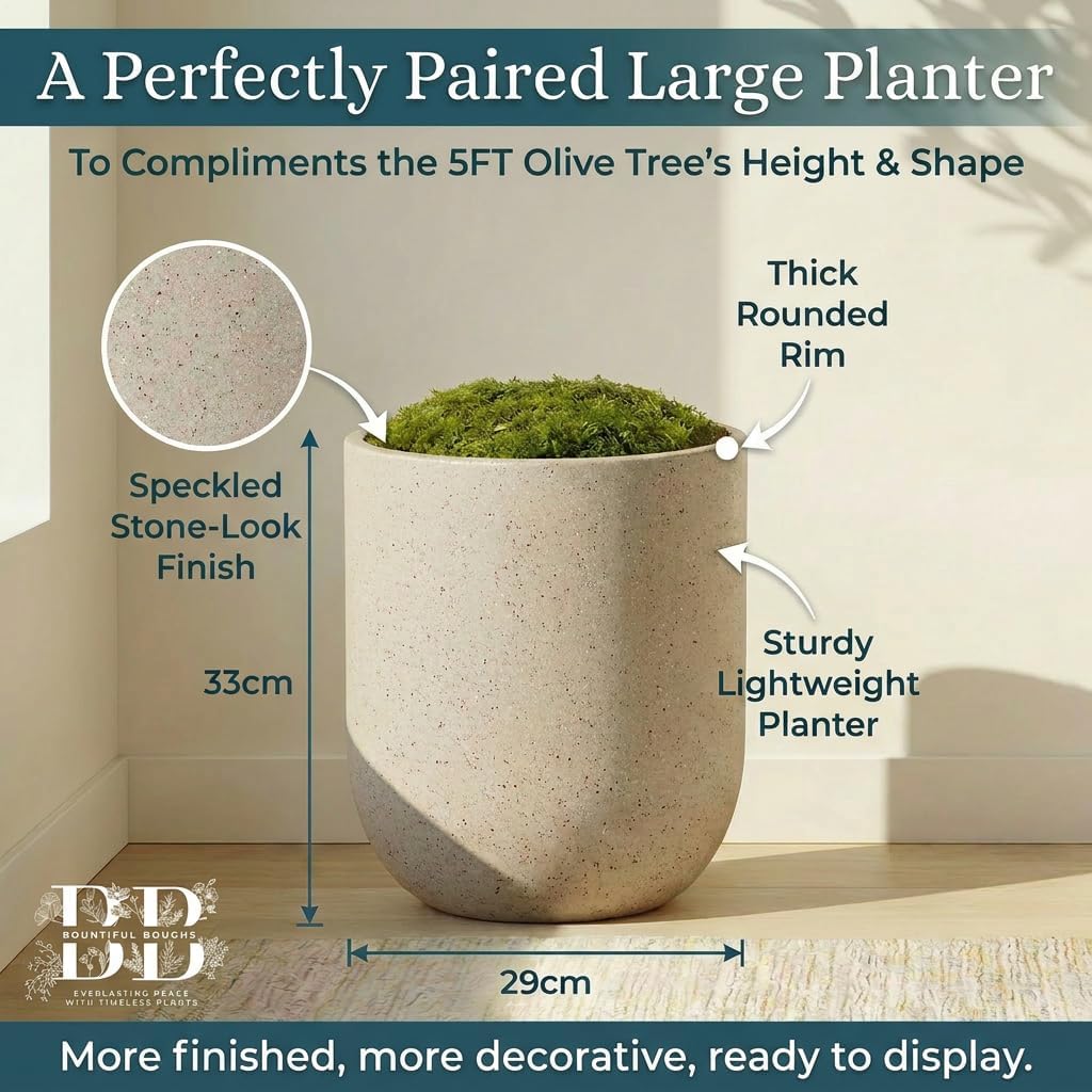 Artificial Olive Tree with Large Modern Planter, Rechargeable Wireless LED Light & Moss - Realistic Fake Potted