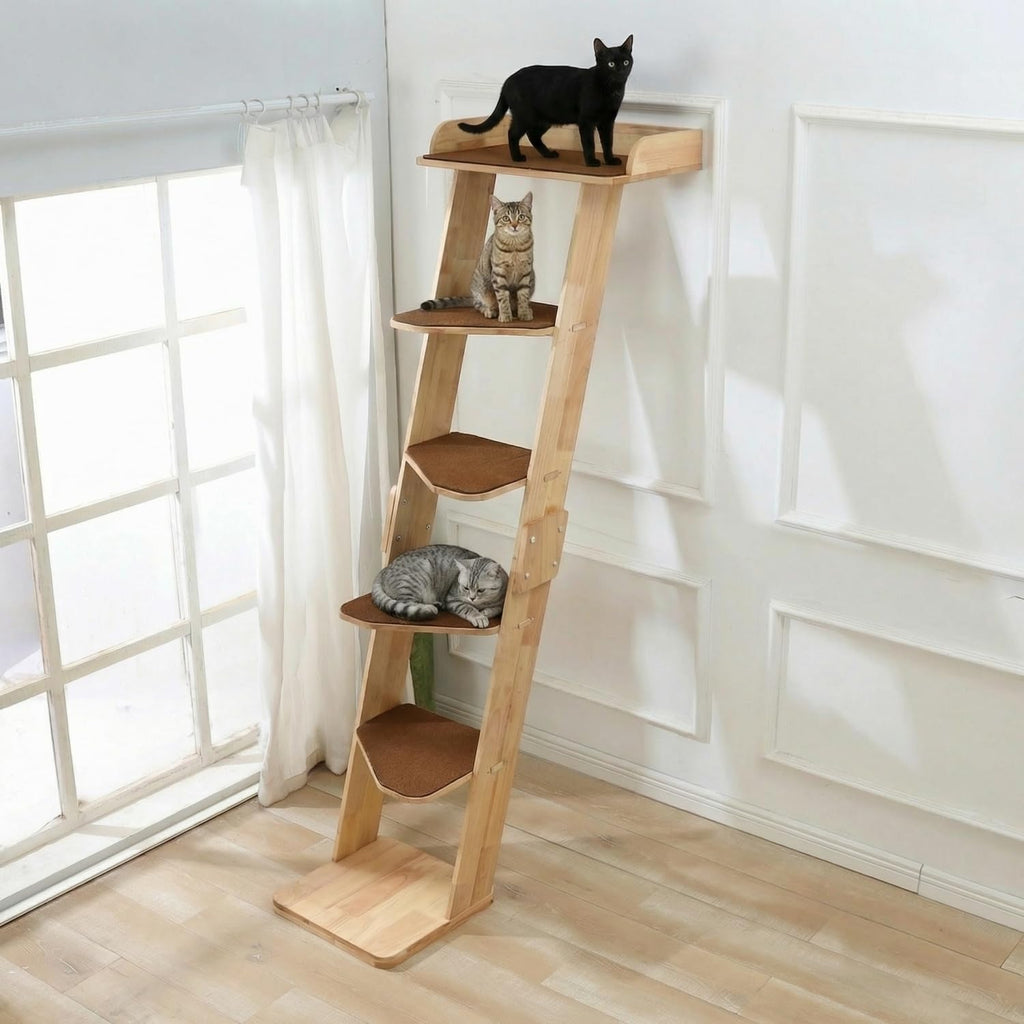Modern 70" Tall Natural Wood 6 Level Leaning Cat Climbing Ladder Tree Tower with Large Perch Platform for Wall