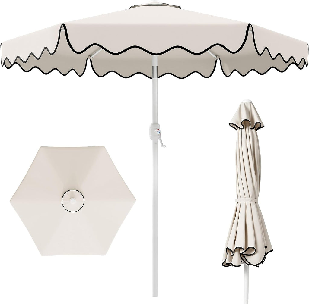Patio Umbrella with Wavy Trim, UV-Fade-Resistant Canopy, Crank & Tilt - White 7.5ft