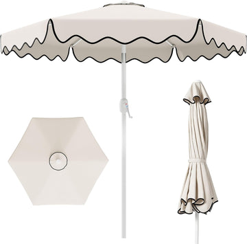 Patio Umbrella with Wavy Trim, UV-Fade-Resistant Canopy, Crank & Tilt - White 7.5ft