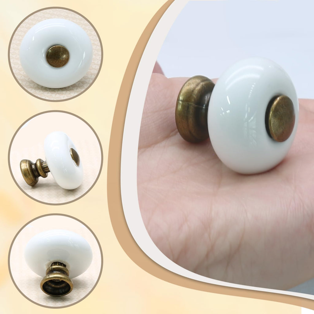 6pcs White Ceramic Cabinet Knobs, Small Round Drawer Knobs