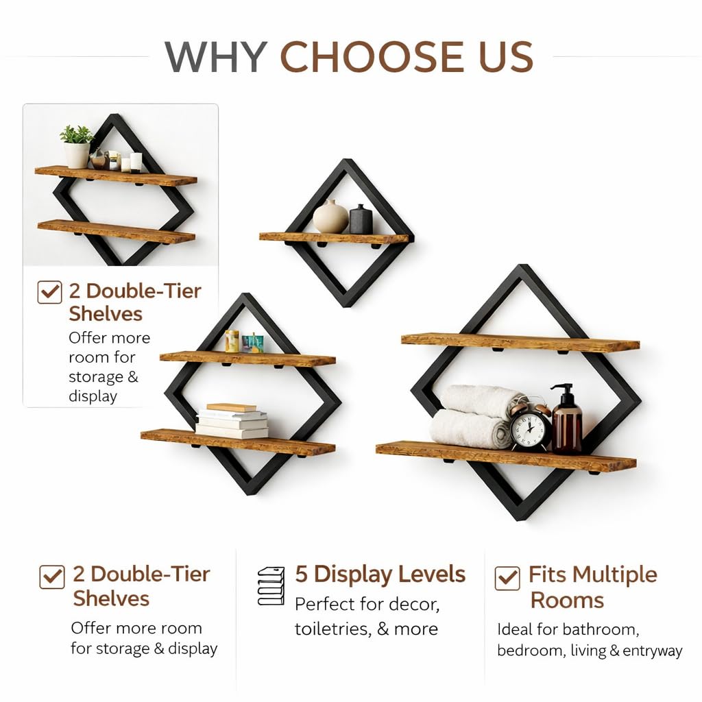 Floating Shelves Shelves on Wall Set of 3, 2-Tier Hanging Wall Mounted Shelves Decorative Wooden Wall, Hanging Wall