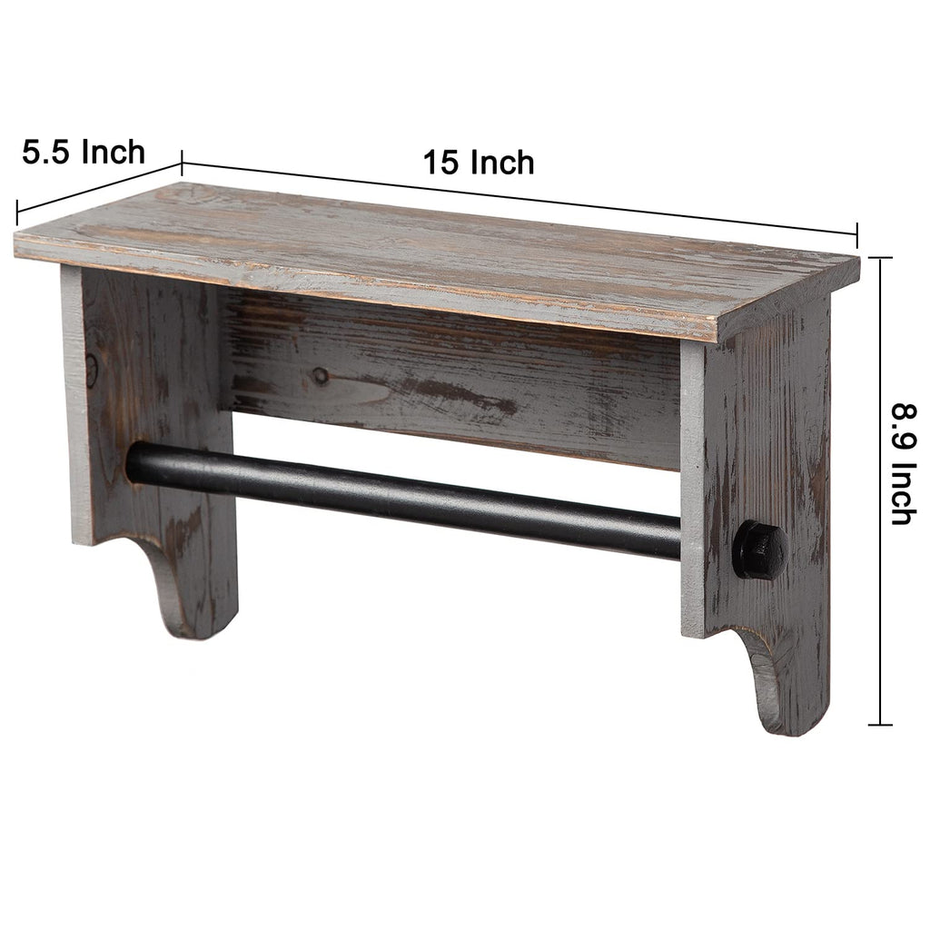 Wall Mounted Bathroom Towel Rack Torched Wood Rustic Brown Hanging Floating Shelf Industrial Black Metal Pipe Bar