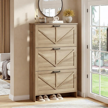 3-Drawer Flip Shoe Storage Tower - Slim-Profile Freestanding Rack with Adjustable 3-Tier Shelving, Rustic Shaker Barn