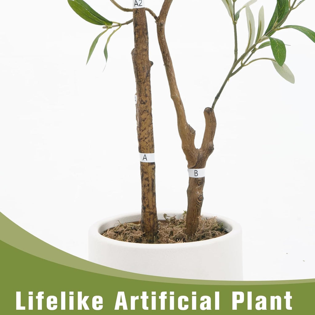 Fake Olive Tree 4FT Tall 1Pack with White Planter Decor