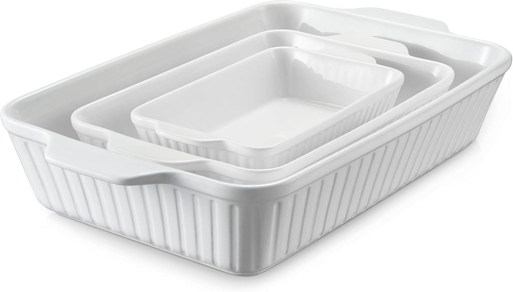 Casserole Dishes for Oven, Dishes Set, Ceramic Bakeware Sets of 3, Lasagna Pan Deep, Rectangular Pan Set with Handles