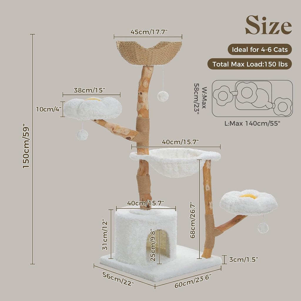 59" Modern Cat Tree, Natural Wood Cat Tower for Large Cats White