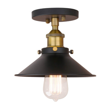 Vintage Ceiling Light with Metal Shade, Farmhouse Ceiling Lamp Fixtures Loft Kitchen Bar, Brass Black Semi-Flush