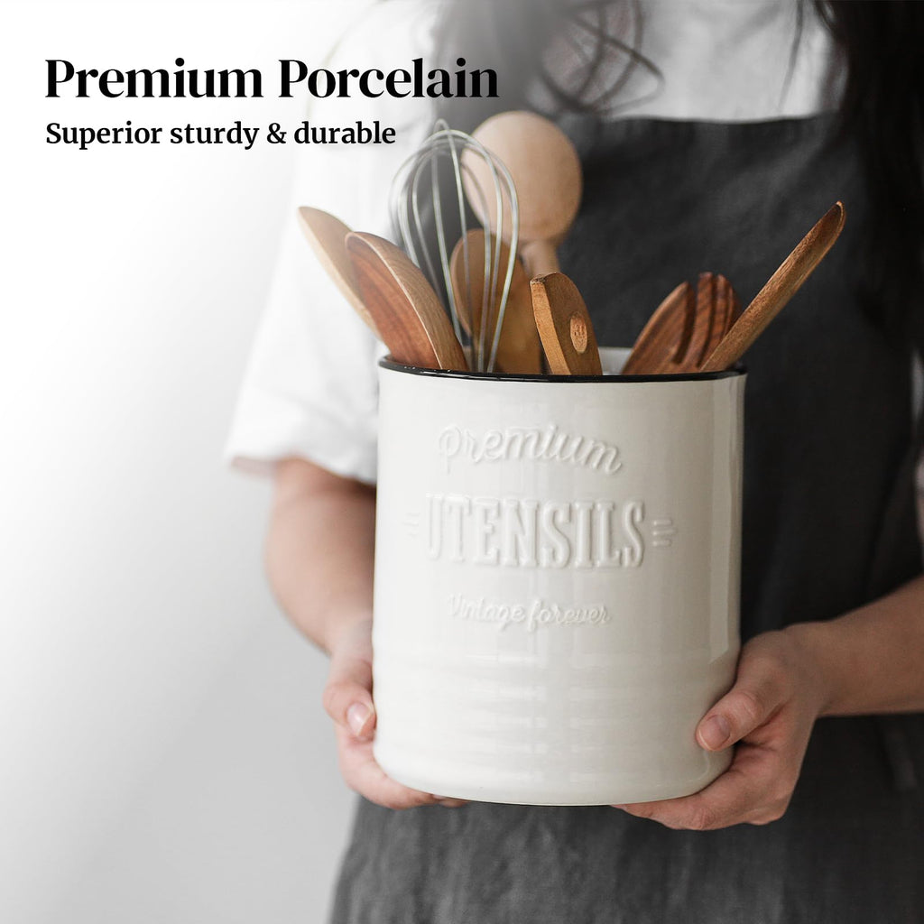 7.2" Large Ceramic Utensil Holder Counter, Beige