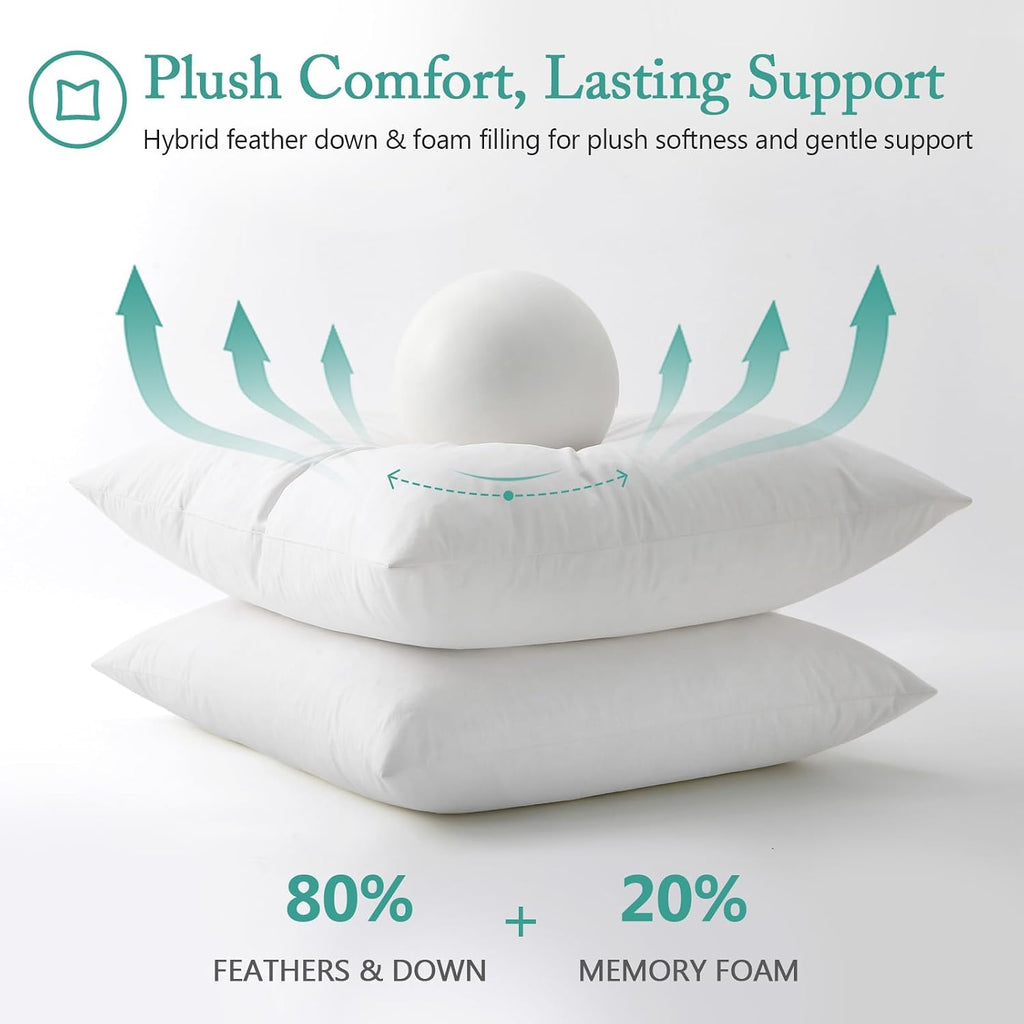 Luxury Feather Down 22x22 Pillow Inserts, Soft Fluffy Throw Pillow Inserts, 100% Organic Cotton Cover - Set of 2