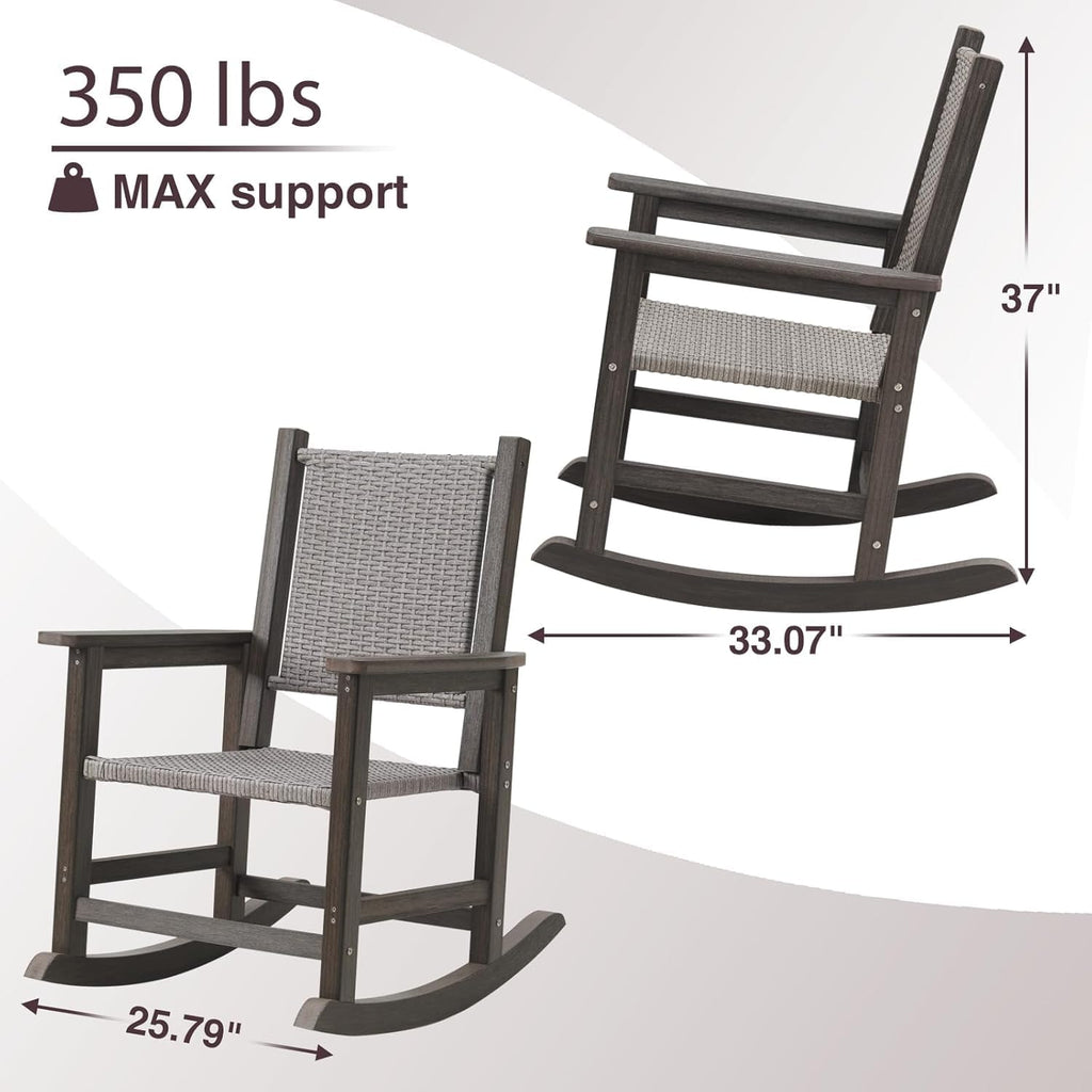 HDPE Outdoor Rocking Chair, All-Weather Wicker Porch Rocker, Dark Brown | Durable HDPE frame with woven seat and