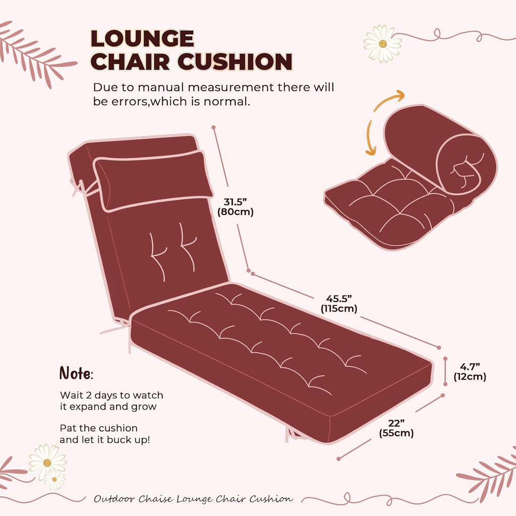 Waterproof Lounge Chair Cushion Set of 2, Outdoor Fade Resistant Chaise Lounger Replacement Chairs Cushions with 6