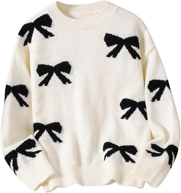 Girl's Bow Graphic Sweaters Long Sleeve Knit Tops Knitwear