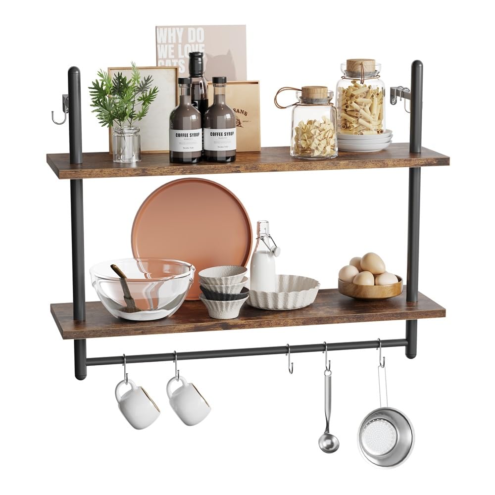 31" Industrial Pipe Wall Shelf with Towel Bar, Rustic Brown