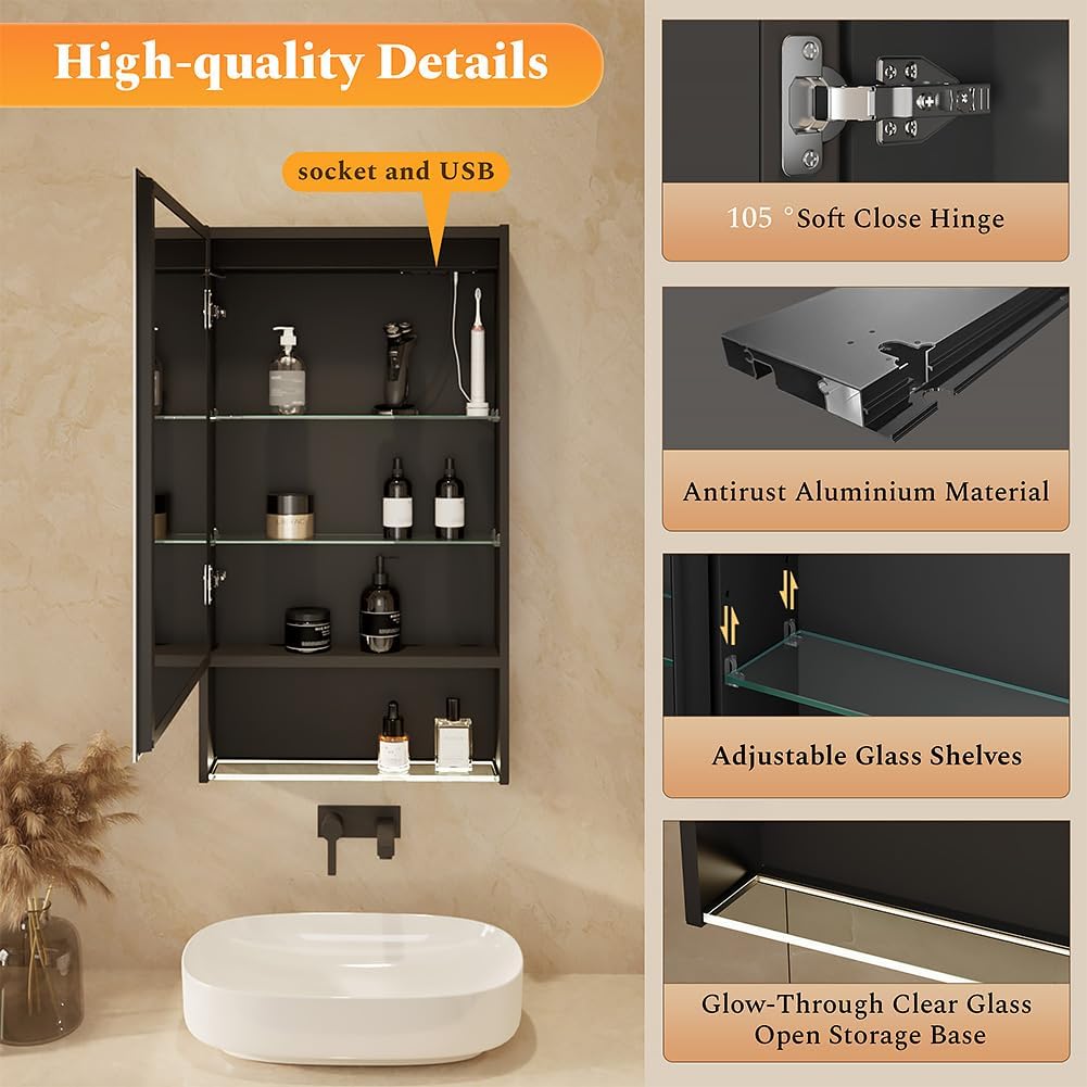 20"×34" Lighted Medicine Mirror Cabinet with Storage Adjustable Brightness 3 Color Temperature Lighting Anti-Fog