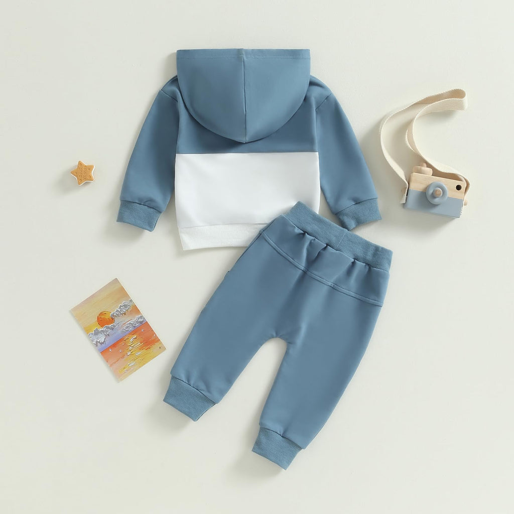 Toddler Baby Boy Outfit Long Sleeve Color Block Hoodie and Pants Fall Winter Clothes Blue