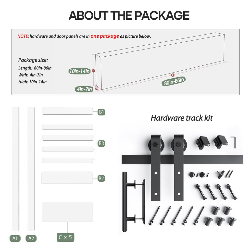 48x84 inch White Barn Door with 8FT Sliding Door Hardware Kit Included & Handle, MDF, Solid PVC Surface, DIY