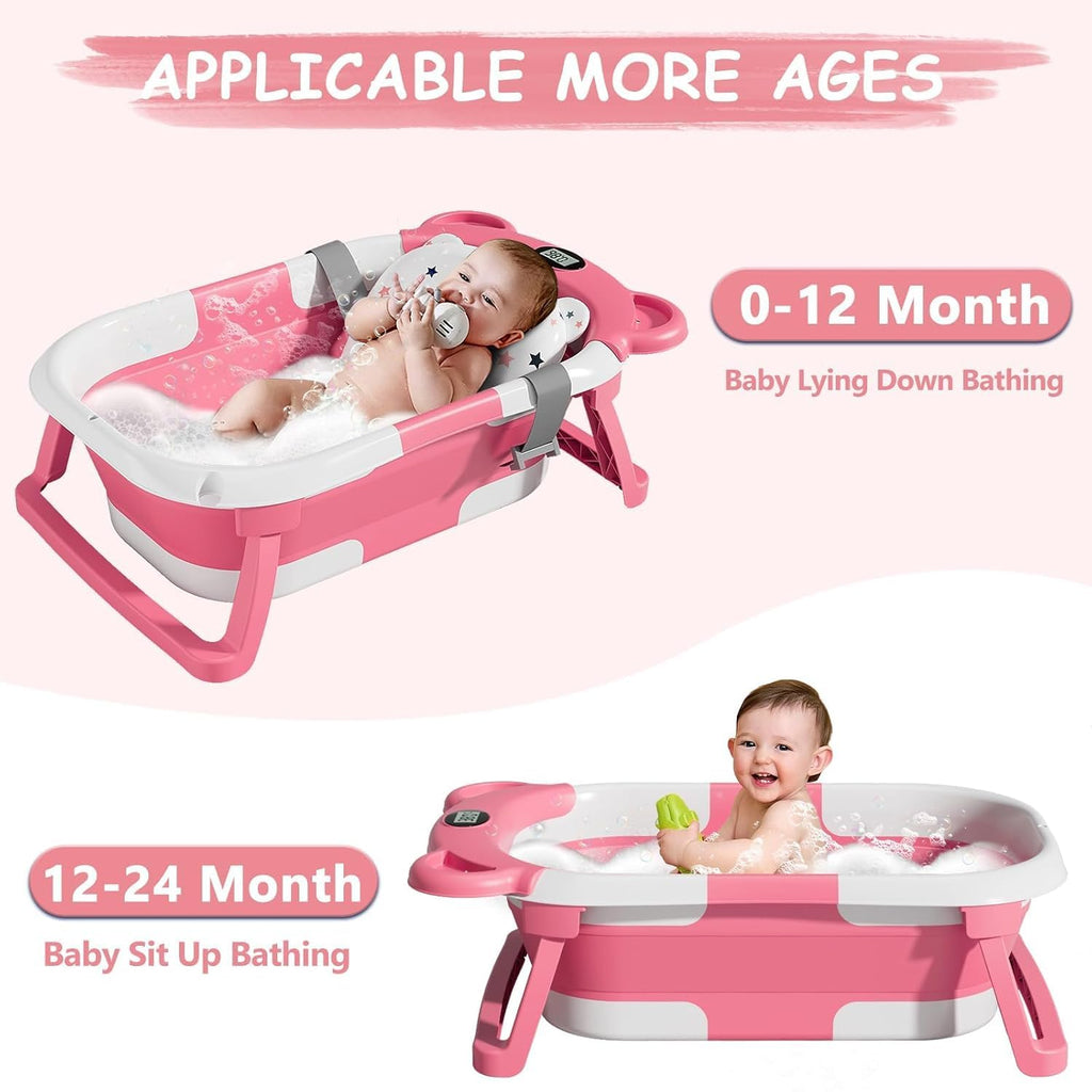 Collapsible Baby Bathtub for Newborn with Thermometer & 1 Hooded Towel & 1 Soft Floating Cushion,Portable Travel