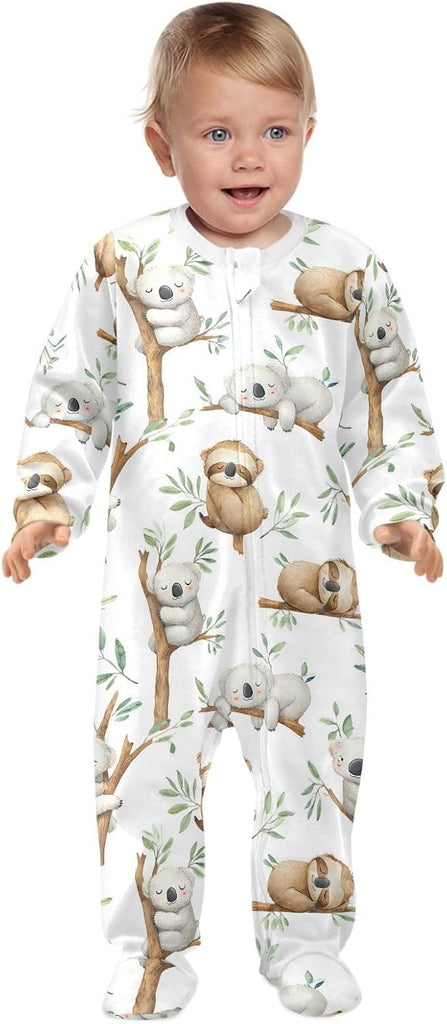 Sloth Koala Baby One-Piece Footies Tropical Leaves Newborn Rompers Pajamas Cotton Footed Pjs for Sleep Play Boys