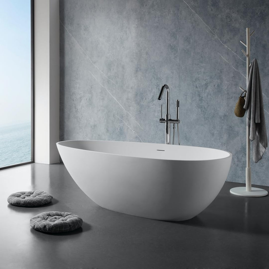59 Inches Stone Resin Freestanding Soaking Bathtub, Handcrafted Solid Surface Flat Bottom Tub In Matte White, Cupc