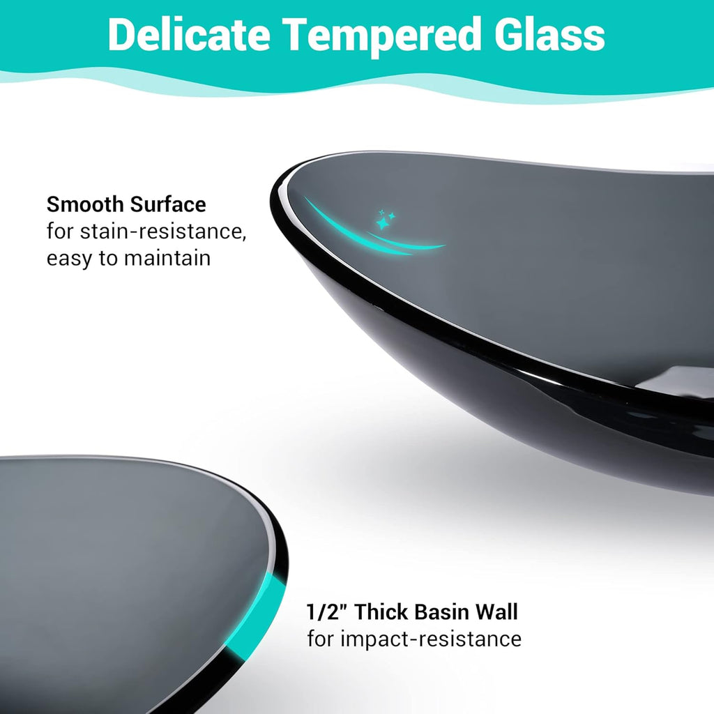 Aquaterior Tempered Glass Bathroom Vessel Sink Oval Vanity Above Counter Top Mount Basin Clear Grey Industrial Modern