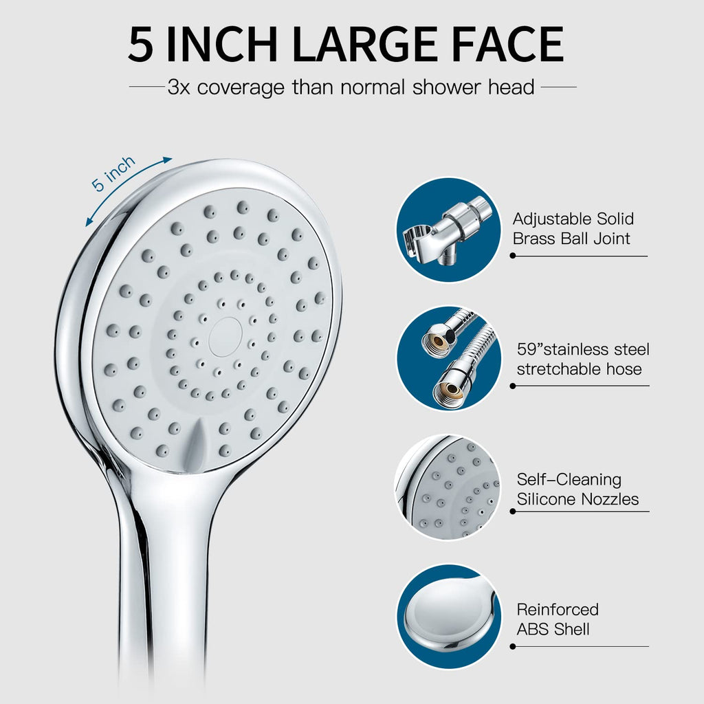Hand Held Shower Head with Long Hose 5 Modes, Chrome