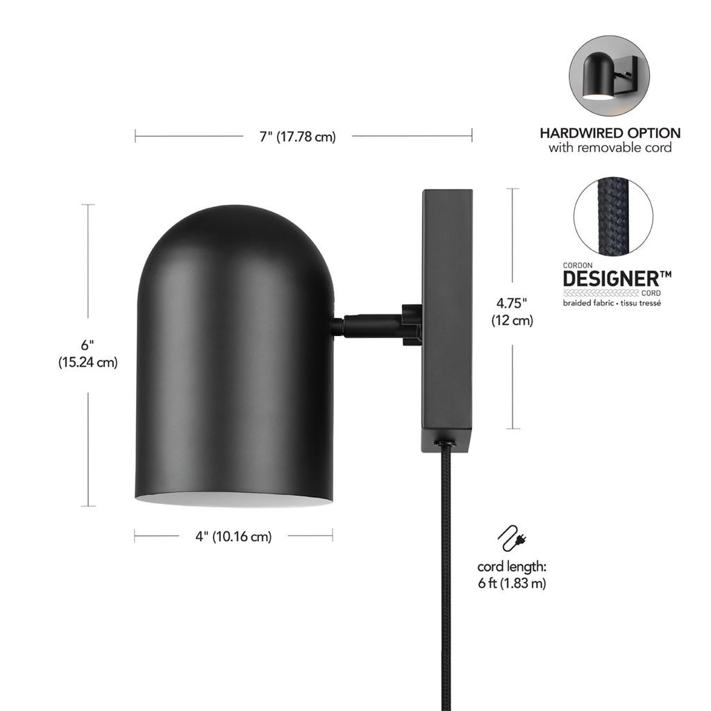 Plug-in or Hardwire Wall Sconce, Matte Black, 6ft Braided Fabric Cord, in-Line Rocker Switch, Modern Lighting