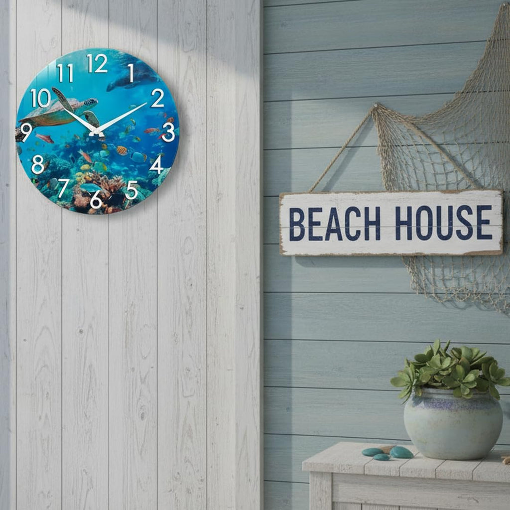 14 Inch Outdoor Clock - Waterproof Tempered Glass with Sea Turtle & Marine Life Theme, UV Resistant, Silent Nautical