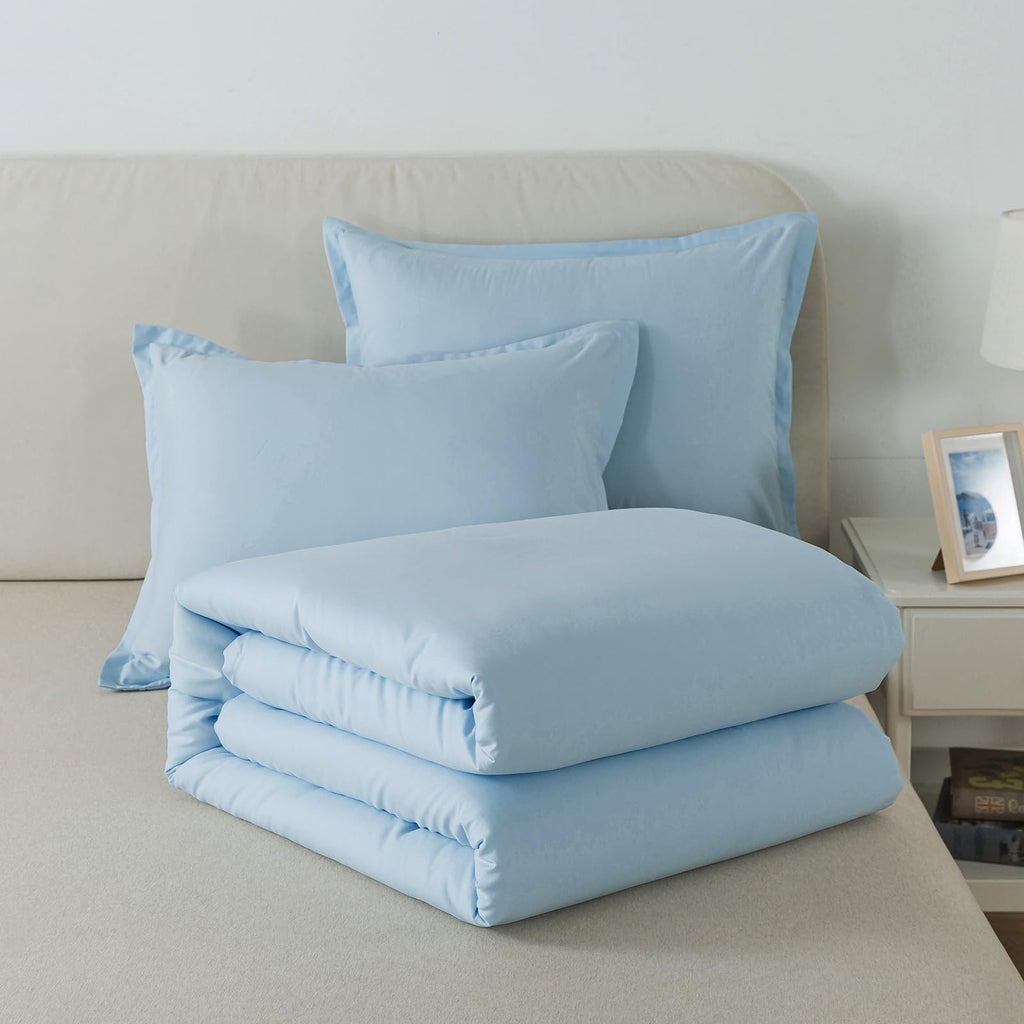 Light Blue Comforter Set Twin Size, Solid Lightweight Down Alternative Soft Boho Bedding Comforter Set, Breathable
