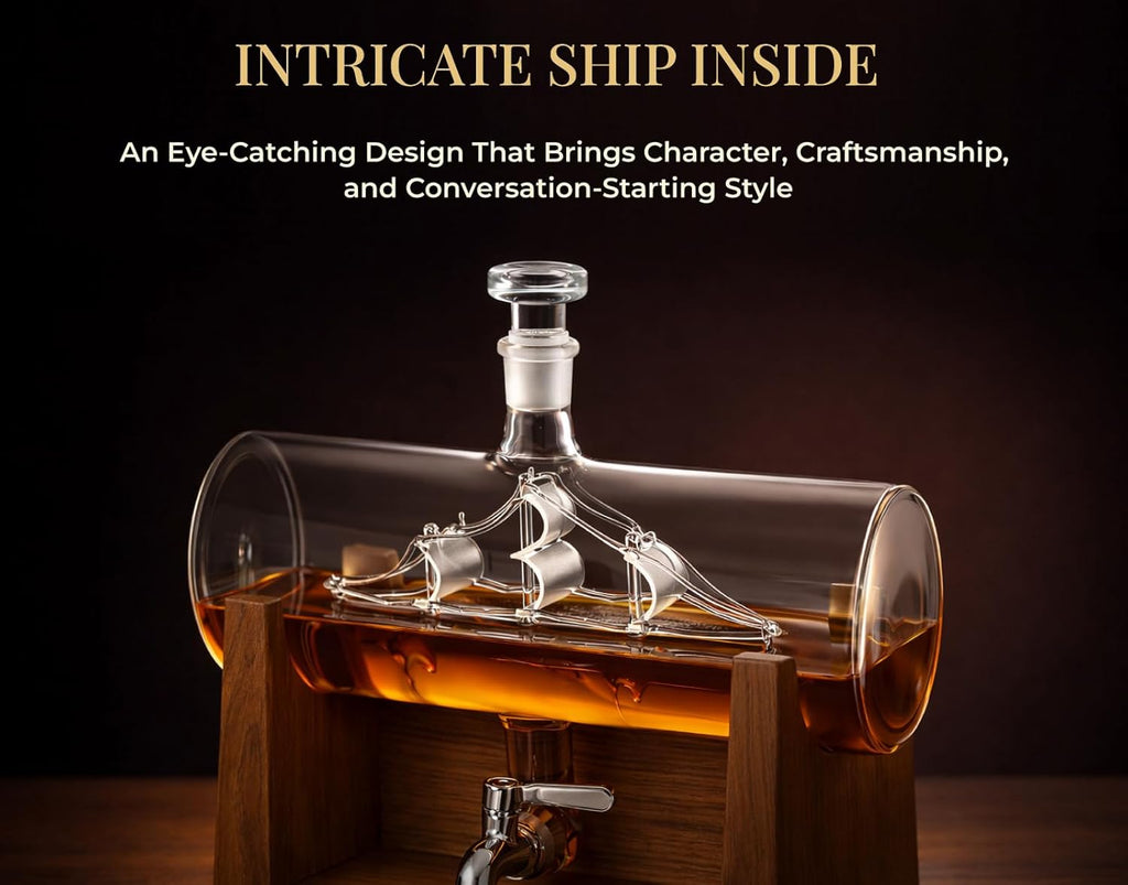 Ship Whiskey Decanter Set for Men, 1250ml Liquor Decanter Gift with Ship Inside, 2 Whiskey Glasses & Wooden Stand