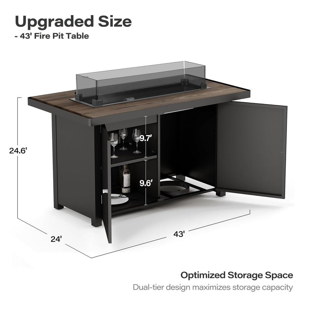 43" Propane Fire Pit Table, 55000 BTU Gas Fire Pit with 2 Tiered Storage Space, Wood Grain Tabletop, Gray Glass Wind