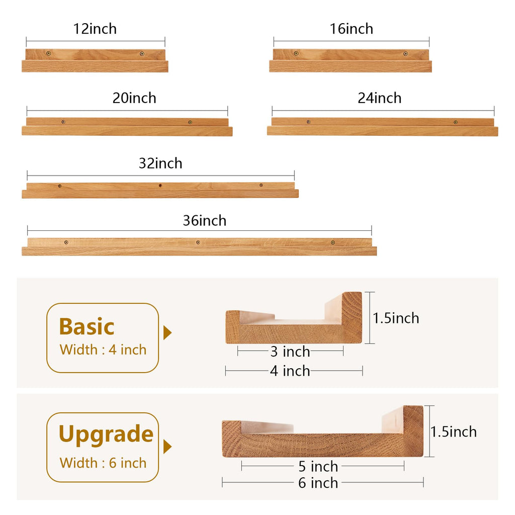 Oak Floating Shelves for Wall 36 Inch (Upgrade Width 6"), Natural Wood Wall Shelves Display Picture Ledge Shelf