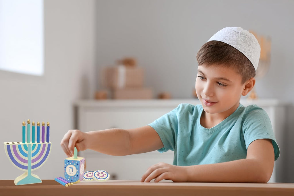 Mini Pastel Hanukkah , 2-Pack 5" Inch Children Wooden Chanukah Set with Removable Wooden Candles, 3" Inch Dreidel - Set of 2