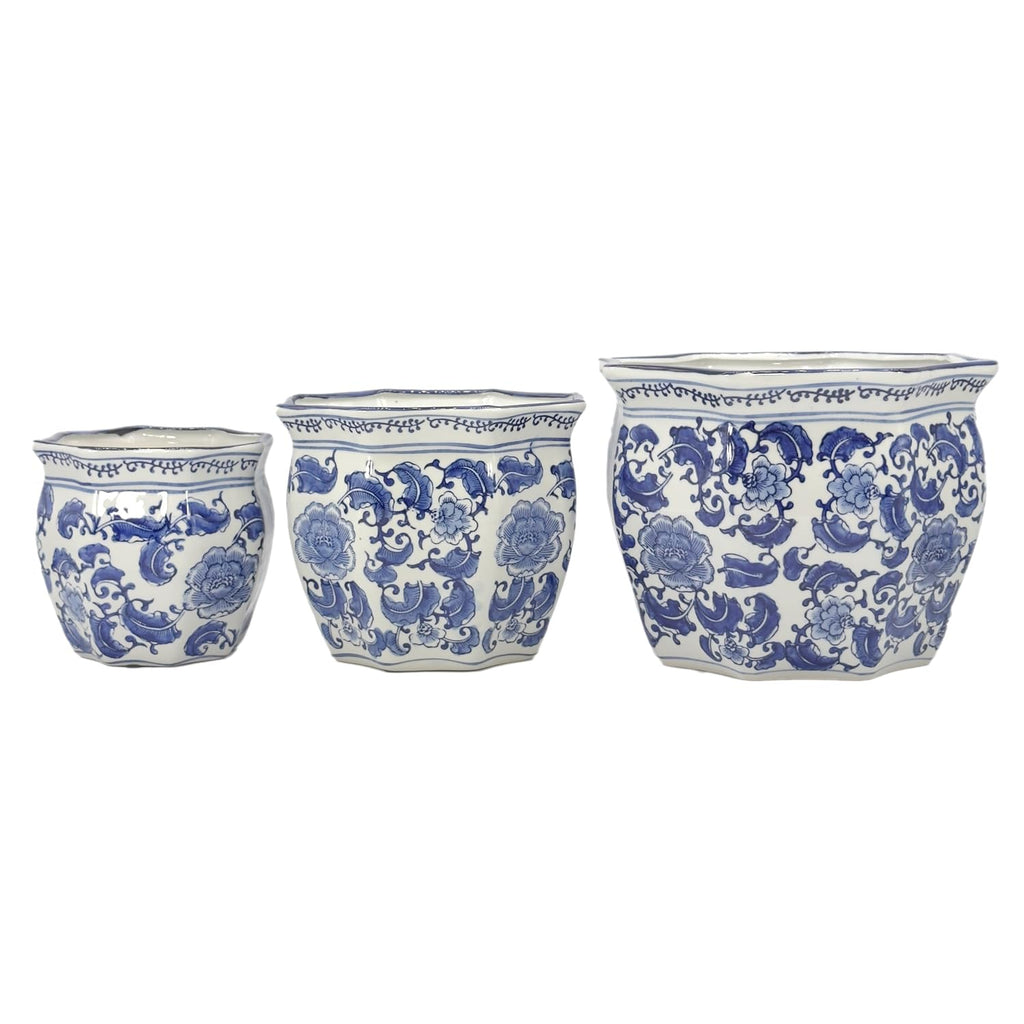 Blue & White Round Fluted Classic Floral Porcelain Ceramic Plant Flower Planter Pot Set of 3 (7.5", 10", 13") Garden