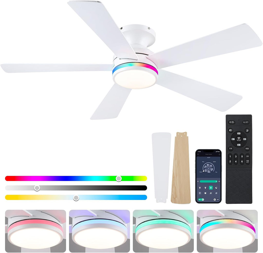 46" Flush Mount RGB Ceiling Fans with Lights - White Low Profile Ceiling Fan Light with Remote/APP, RGB+3CCT 6 Wind Speeds and Reversible, Modern Fan Light Fixture for Party, Kiad's Room A101-B0F1L6V1M2