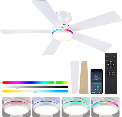 46" Flush Mount RGB Ceiling Fans with Lights - White Low Profile Ceiling Fan Light with Remote/APP, RGB+3CCT 6 Wind Speeds and Reversible, Modern Fan Light Fixture for Party, Kiad's Room A101-B0F1L6V1M2