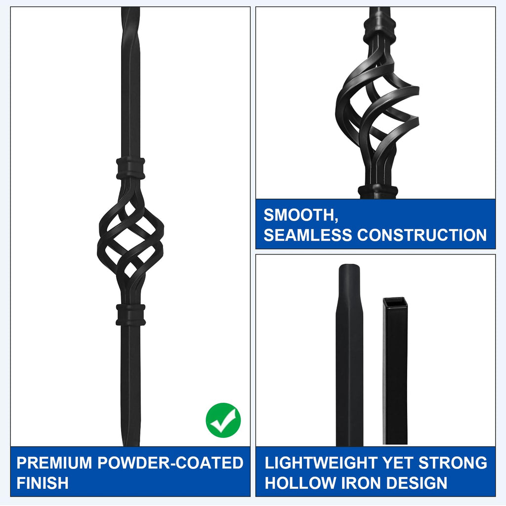 10 Pack 44" Iron Single Basket Balusters for Staircase Interior, 1/2" Hollow Stair Balusters, Matte Black Metal