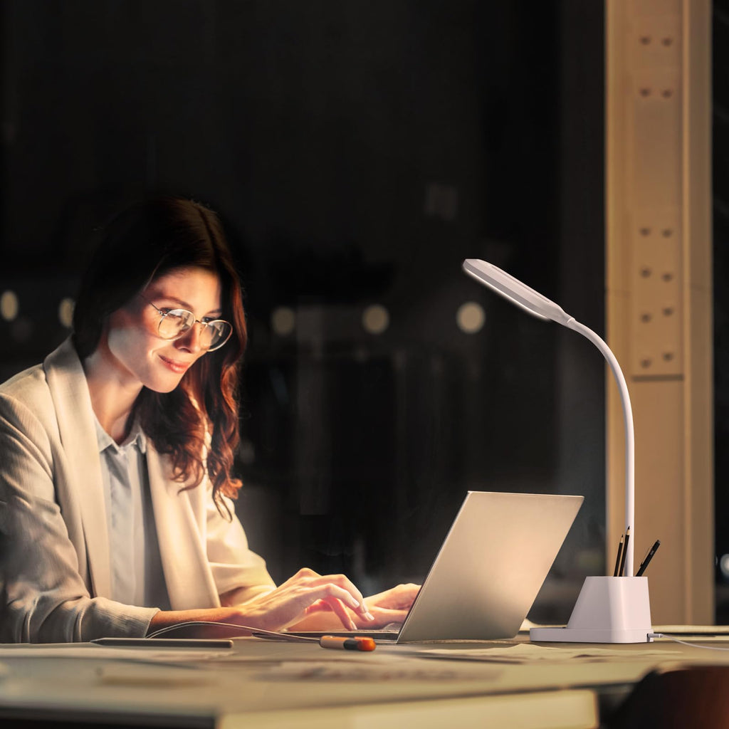White LED Desk Lamp with USB Charging Port, Study Table Light