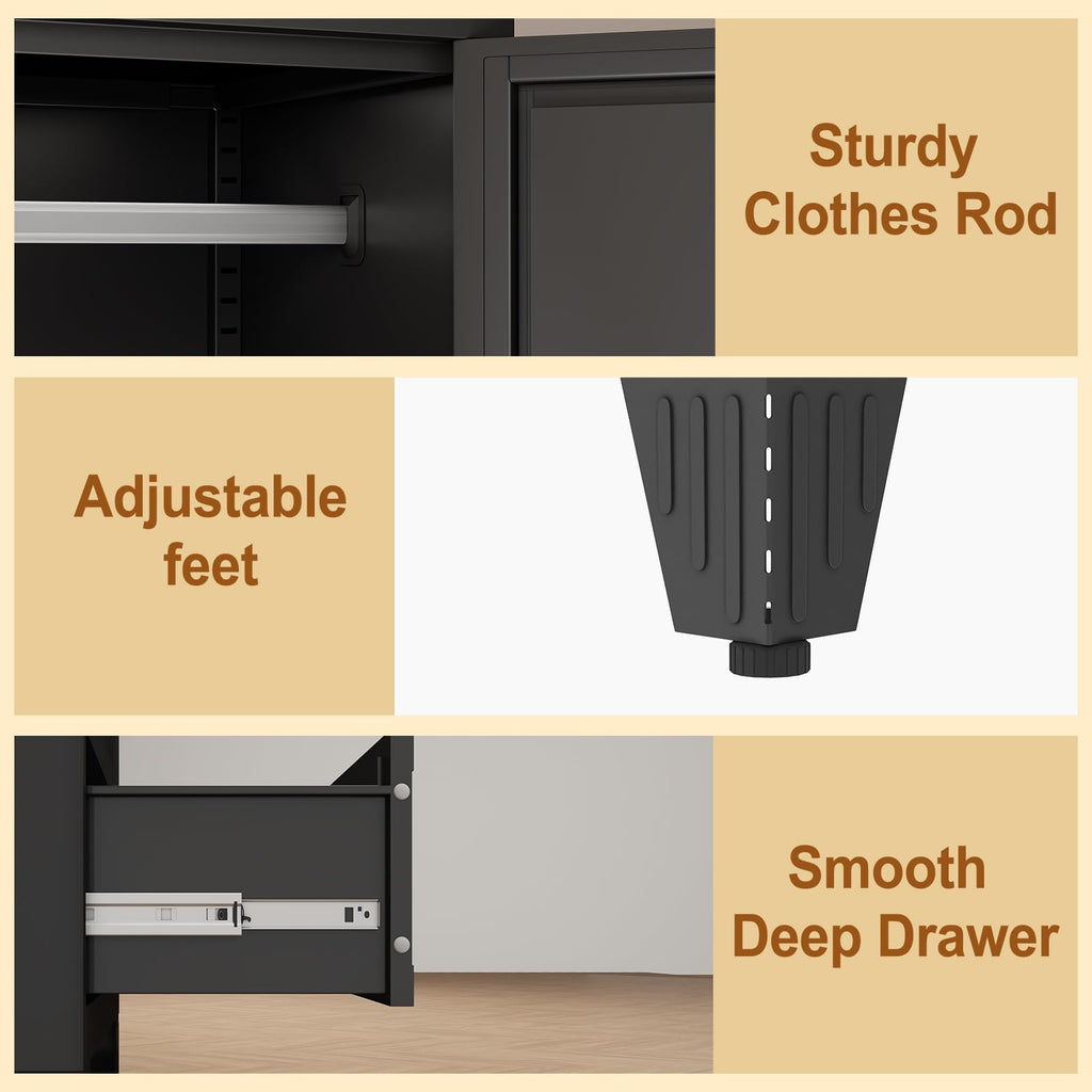 Metal Armoire Wardrobe Closet Storage Cabinet with Mirror Black, 71'' Wardrobe Cabinet with Hanging Rod Metal Closet