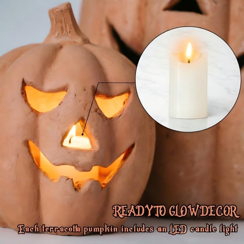 Fall Decor - Halloween Decorations - Handmade Terracotta Pumpkin Jack O' Lantern with Flameless Candle - Vintage