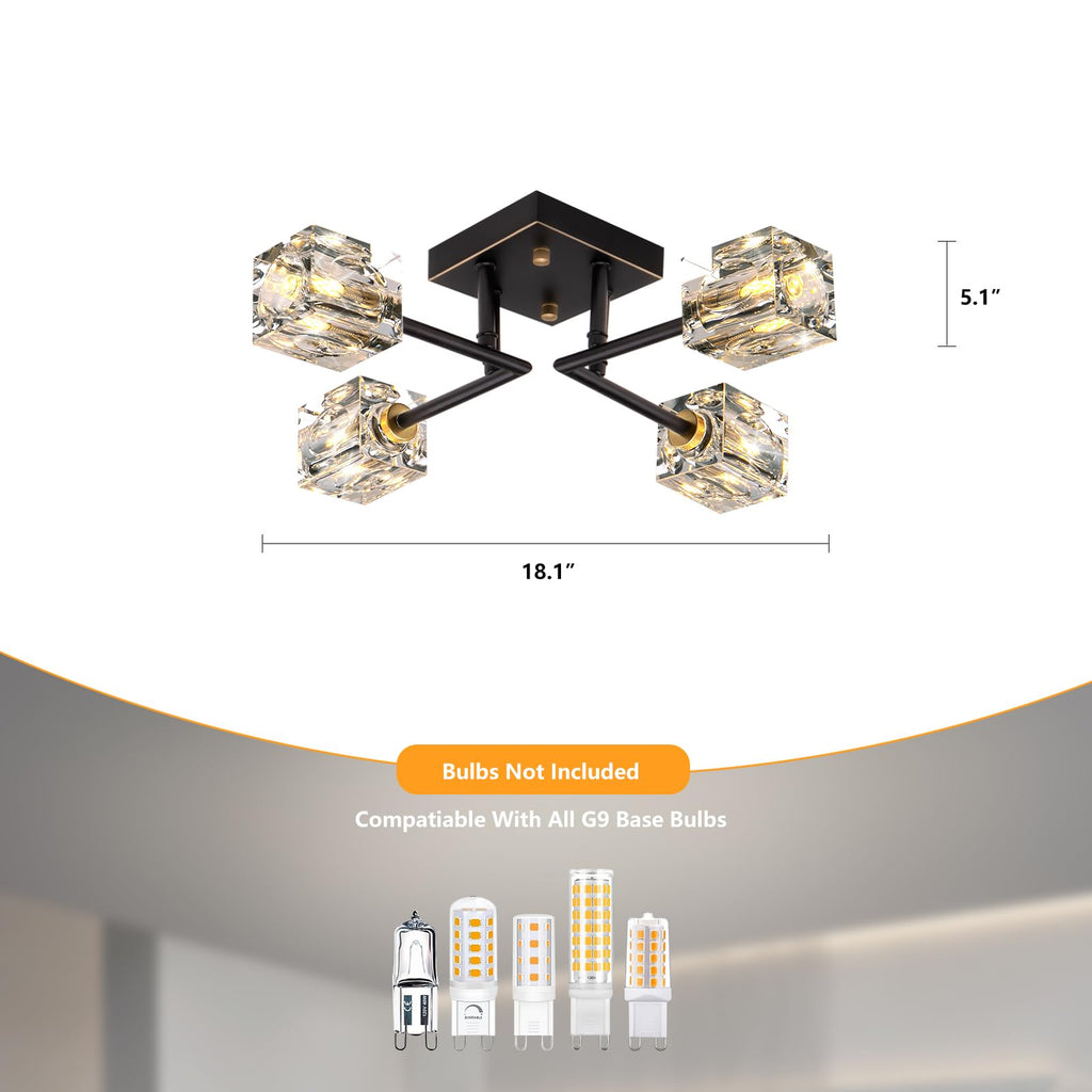 Modern Crystal Ceiling Light, Semi Flush Mount Ceiling Light Fixture with 4-Lights, Black and Gold Sputnik Chandeliers