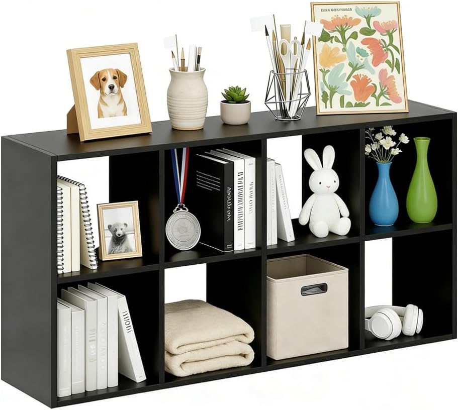 8 Cube Storage Organizer Shelf, Open Cube Bookshelf, Reversible Bookcase, Sturdy Modern Storage, Black
