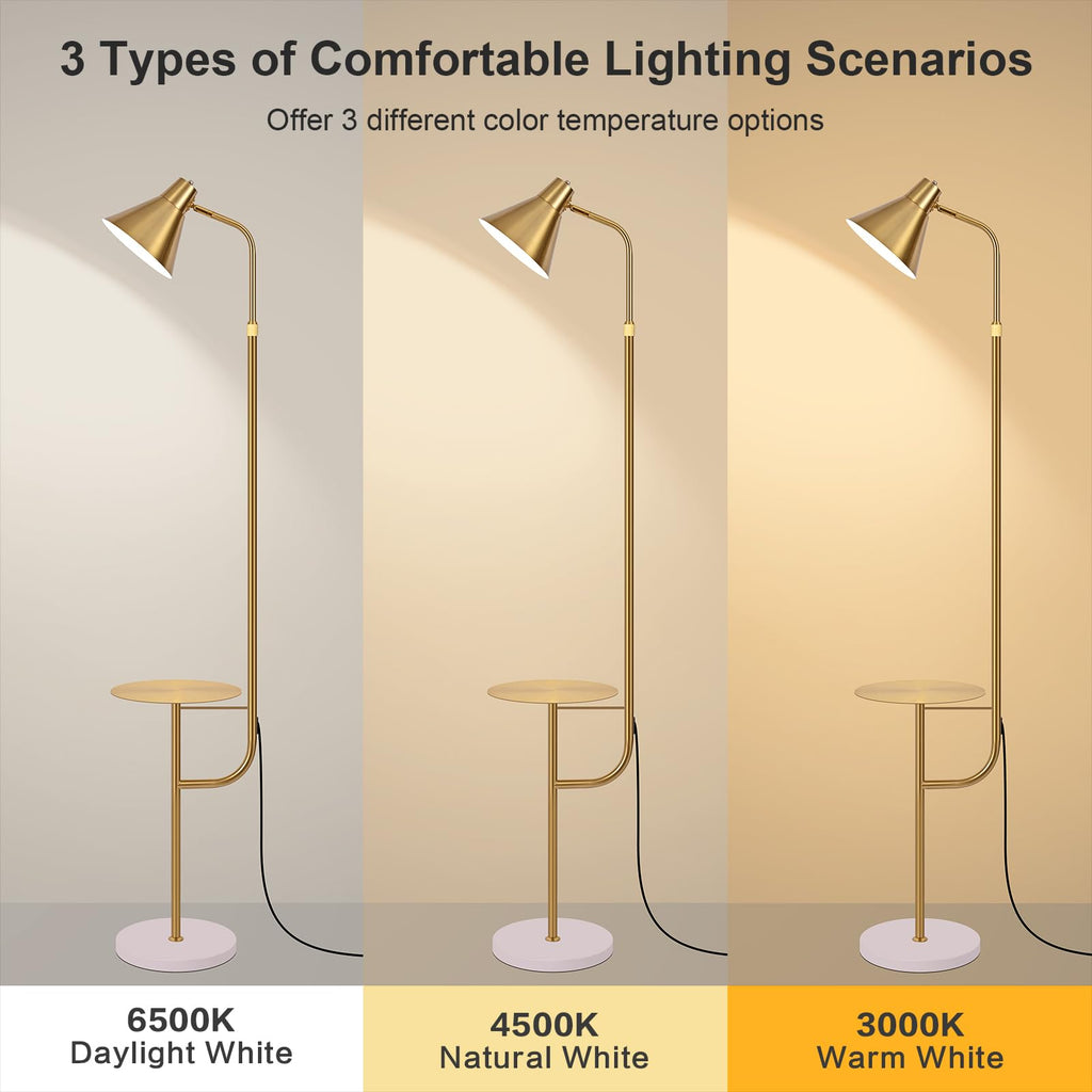 Gold Brass Brushed Floor Lamps with Side Table, Dimmable Light