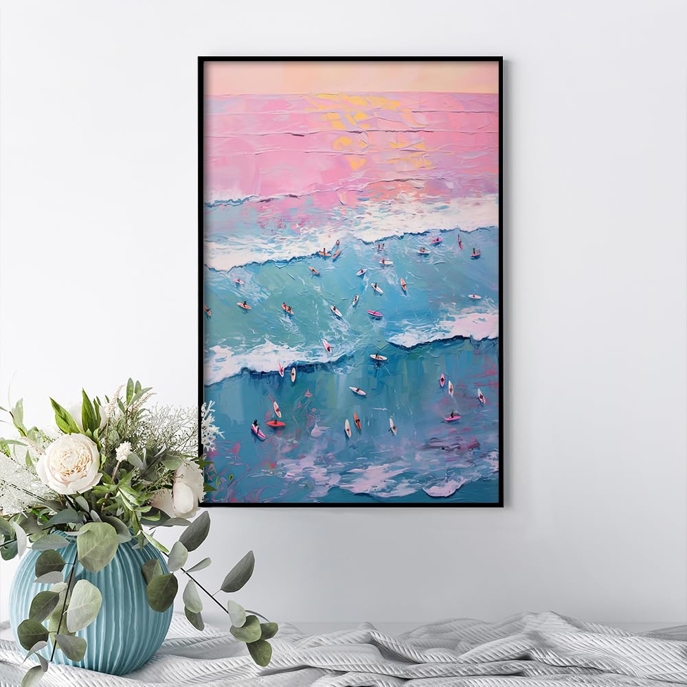Trendy Summer Wall Art Blue Beach Poster Pink Sky Canvas Preppy Ocean Surf Print Beachy Painting Coastal Picture