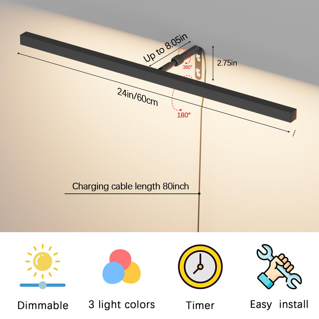 24" LED Picture Light Plug in, 9W Black Art Light
