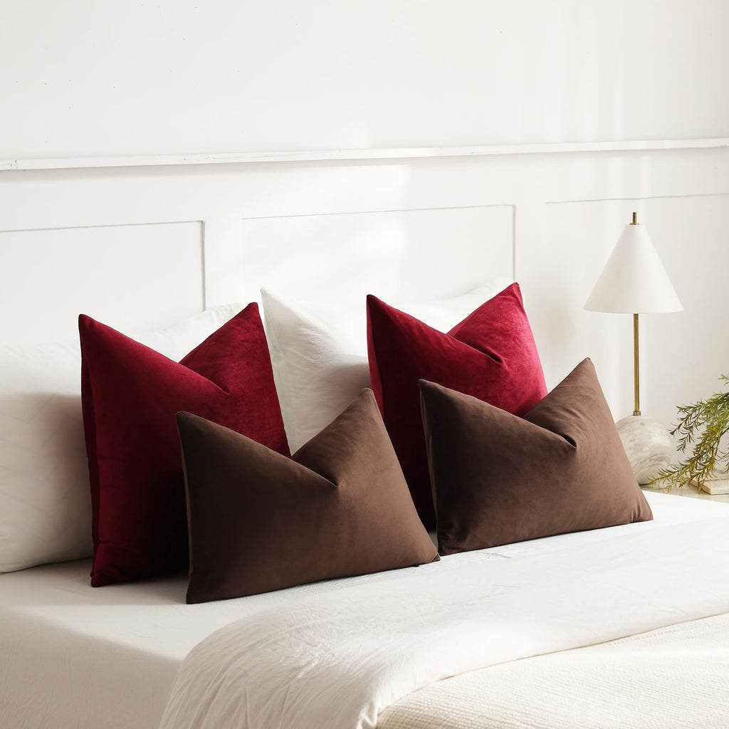 Euro Sham Covers 24x24 Wine Red: Pack of 2 Cozy Soft Velvet Square Modern Luxury Decorative Throw Pillow Cases for
