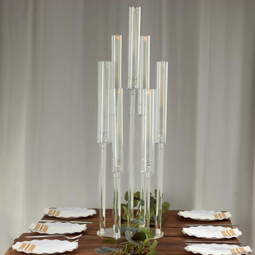 Clear 33 in Round 7 Arm Acrylic Cluster Taper Candle Holder Candelabra - Wedding Reception Party Dining Table Home