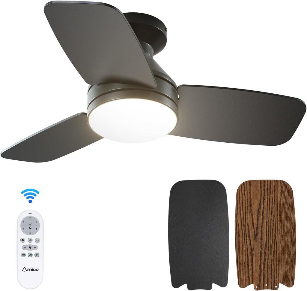 Ceiling Fans with Lights, 30 inch Low Profile Ceiling Fan with Light and Remote Control, Flush Mount, Reversible, 3CCT, Dimmable, Noiseless, Black Ceiling Fan for Bedroom, Indoor/Outdoor Use A102-B0C61K8BCF